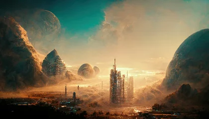 Fototapeten Fantasy science fiction city. Fictional abstract realm. Futuristic concept art, colorful artistic landscape ,made with Generative AI © DNY3D