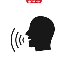 Podcast icon. Conversion icon. Talking human side profile. Sound waves. Voice recognition, singing, Voice control, noise concept. Vector illustration.