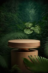 Wood pedestal in tropical forest for product presentation and green wall, 3d render