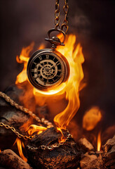 Burning pocket watch over coals, wasting time concept ,made with Generative AI