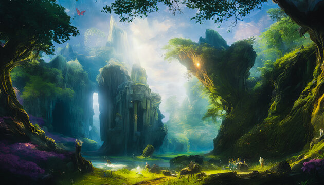 Fantasy landscape, surrealism. Tender and dreamy design, Generative AI