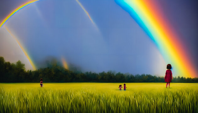 Girl looking at rainbow on the sky , Generative AI