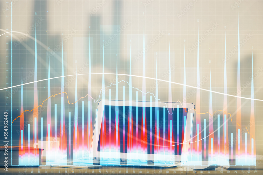 Poster Stock market graph on background with desk and personal computer. Double exposure. Concept of financial analysis.