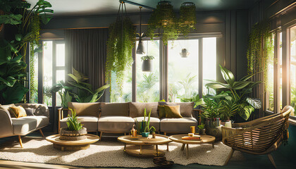 Beautiful living room interior with plants, Generative AI