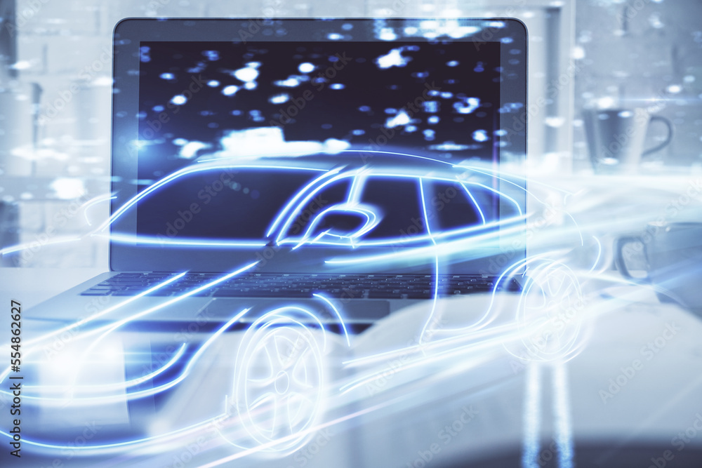 Aufkleber desktop computer background in office with automobile hologram drawing. multi exposure. tech concept