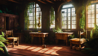 Beautiful medieval interior with furniture and plants, Generative AI