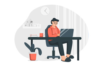 Man working at home concept in flat design. Freelancer doing tasks at laptop while sitting at desks in comfortable home office. Designer works online. Illustration with people scene for web