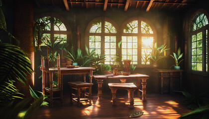 Fototapeta premium Beautiful medieval interior with furniture and plants, Generative AI