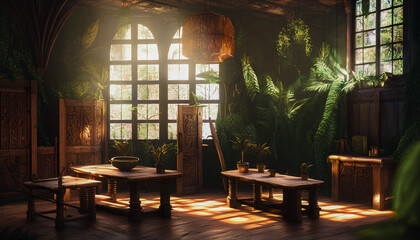 Fototapeta na wymiar Beautiful medieval interior with furniture and plants, Generative AI