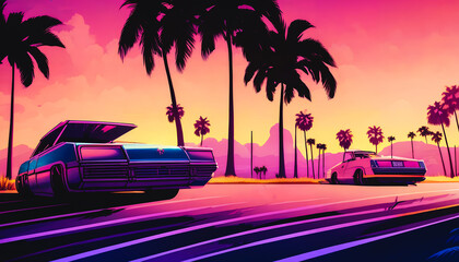 Retrowave car on a palms road near the sea on a sunset, Generative AI
