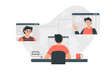 Video connection concept in flat design. Man communicates with friends and colleagues in zoom on screens. Group video call and remote business meeting. Illustration with people scene for web