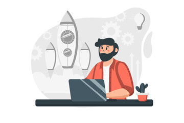 Idea generation concept in flat design. Businessman creates new project, brainstorming, launches startup business and develops successful strategy. Illustration with people scene for web