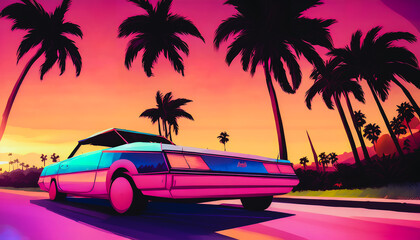Retrowave car on a palms road near the sea on a sunset, Generative AI
