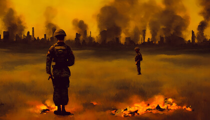 Obraz na płótnie Canvas Painting of soldier on battlefield, Generative AI