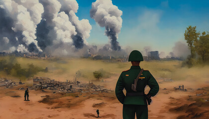 Obraz premium Painting of soldier on battlefield, Generative AI