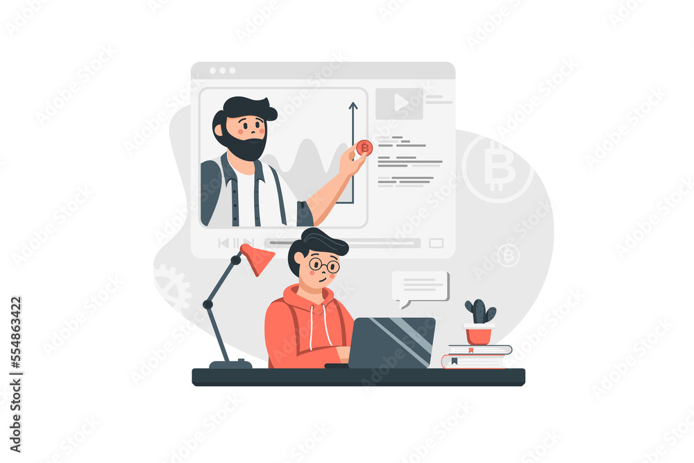 Poster cryptocurrency research concept in flat design. man analyzes digital money and blockchain technology