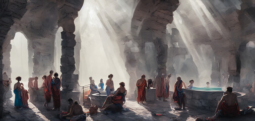 Obraz premium Painting of Ancient roman bathhouse,People wash in the bathhouse. Generative AI