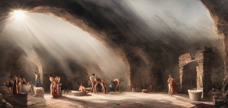 Painting of Ancient roman bathhouse,People wash in the bathhouse. Generative AI
