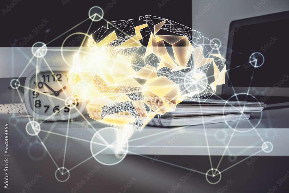 Poster double exposure of table with computer and brain hologram. data innovation concept.