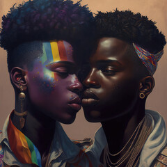 A modern gay couple with a rainbow symbol who enjoys their love in a special way. Love has no limits. Peace and freedom in the world. Illustration, Generative AI.