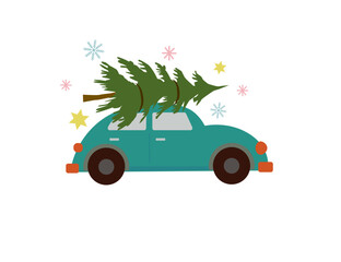 New Year holidays. The car is carrying a Christmas tree. Vector icon.