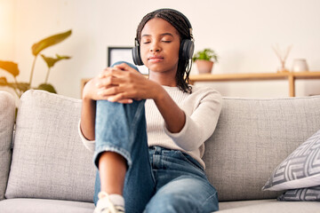 Music headphones, peace and relax girl listening to wellness podcast for calm mindset, mindfulness...