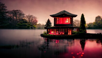 Naklejka premium Japanese garden with cherry blossom, sakura, houses reflecting in the lake ,made with Generative AI
