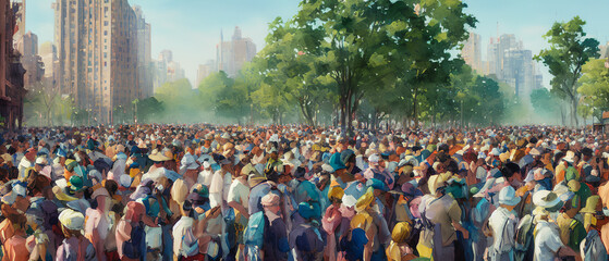 Painting of crowd of people in the city, Generative AI