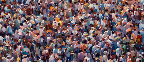 Painting of crowd of people in the city, Generative AI