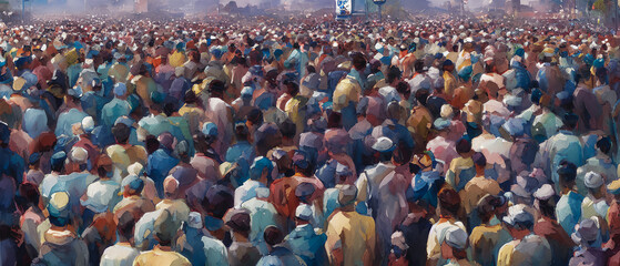 Painting of crowd of people in the city, Generative AI