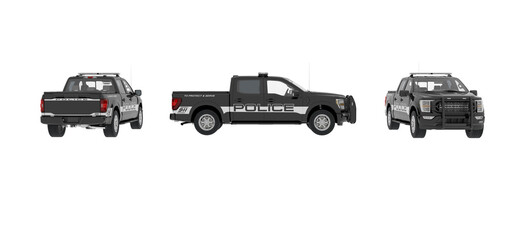 Police van truck PNG set 3d rendring. City skyline with skyscrapers. Patrol emergency vehicles, Urban, city cars, and vehicles transport concept, 3D cars; taxi, sedan, van, pickup - obrazy, fototapety, plakaty