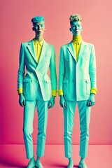 Fashionable modern gay couple in love, supermodels. The old fashioned, retro way of loving. Love has no limits, elegant men in fashion clothes in matching pastel outfit. Illustration. Generative AI.