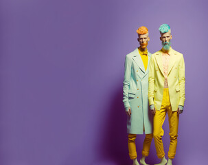 Obraz premium Fashionable modern gay couple in love, supermodels. The old fashioned, retro way of loving. Love has no limits, elegant men in fashion clothes in matching pastel outfit. Illustration. Generative AI.