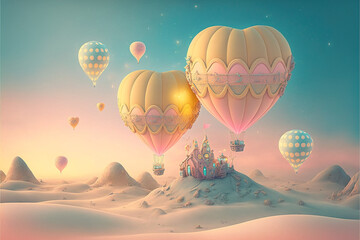 A colorful pastel land of delicious, tasty sweets and candies. Sugar wool, pink and blue marshmallow illustration 3d design from dreams. Flying candy, heart balloons in the sky. Generative AI.