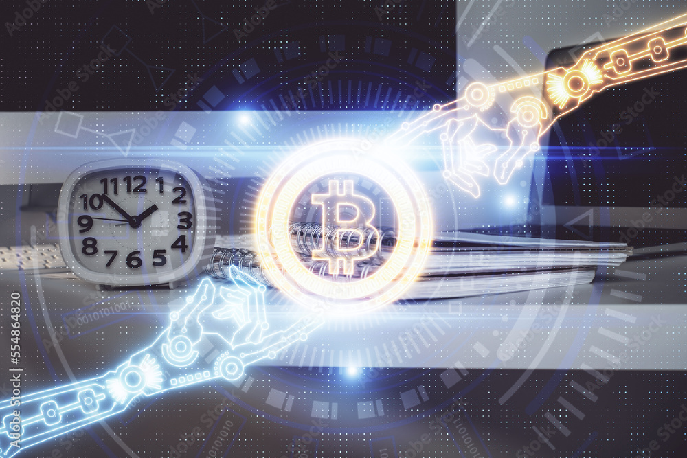 Aufkleber Multi exposure of blockchain theme hologram and table with computer background. Concept of bitcoin crypto currency.