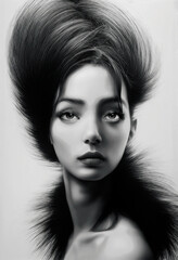 Fototapeta premium Beautiful monochrome girl with tall hairdo ,not a real person, made with Generative AI