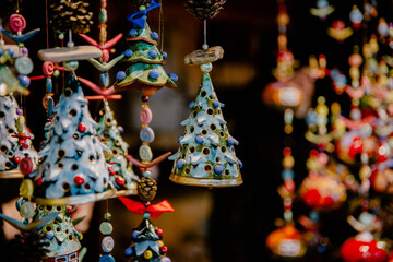 Christmas market fair kiosk in Vienna with christmas decorations.