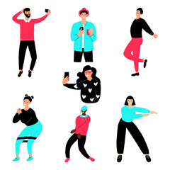 The set with people dancing and filming stories in a popular social network in blue, pink and black colors. In hand drawing style on white background.
