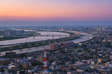 東京都江戸川区 タワーホール船堀展望室から見る東京、荒川