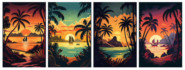 Set of caribbean landscape at sunset vector illustration - obrazy, fototapety, plakaty