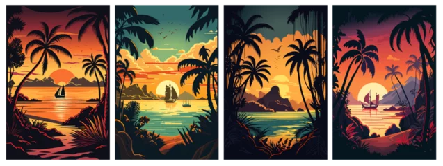 Fototapeten Set of caribbean landscape at sunset vector illustration © Giordano Aita