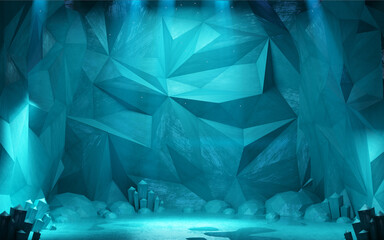 Ice cave tunnel polygonal blue underwater background glacier