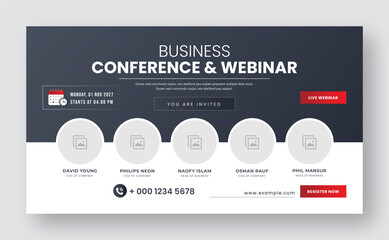 Business webinar invitation design. Webinar and business conference social media banner template. Online live webinar banner invitation template. Business conference flyer. Annual business conference