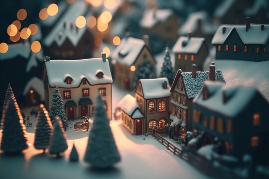 Tiny Christmas Village. Cozy winter. Fantasy scenery. Generative AI