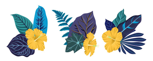 Obraz premium vector drawing green tropical leaves and hibiscus flowers, floral composition, exotic design elements isolated at white background , hand drawn illustration