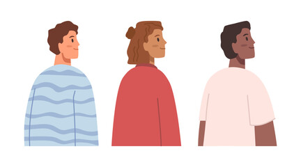 Students from driving school, back view of man and woman flat cartoon character. Car education exam, vector illustration of beginners learning to drive, people getting education in drive school