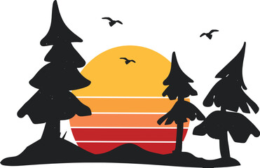silhouette of fir trees vector and orange sun. christmas trees cartoon style vector silhouette