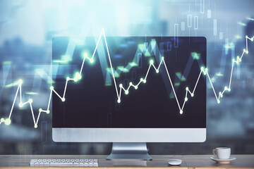 Obraz premium Stock market graph on background with desk and personal computer. Double exposure. Concept of financial analysis.
