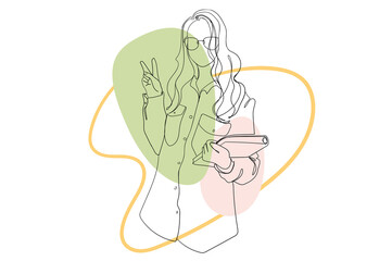 Young girl holding folder continuous line drawing concept. Woman standing, friendly gesturing and holding documents. Student or businesswoman. Illustration in outline hand drawn design for web