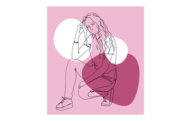 Stylish young girl continuous line drawing concept. Woman with curly hairstyle in fashionable clothes are sitting. Student in casual clothes. Illustration in outline hand drawn design for web